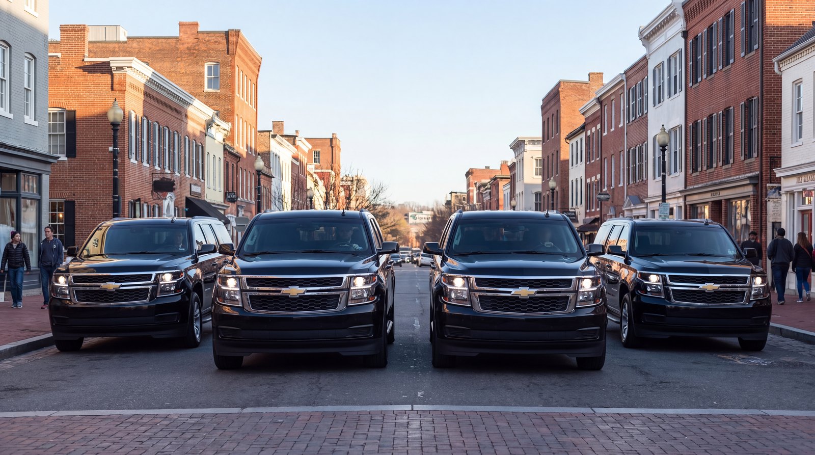 Four black Chevrolet Suburbans side by side on a Georgetown street